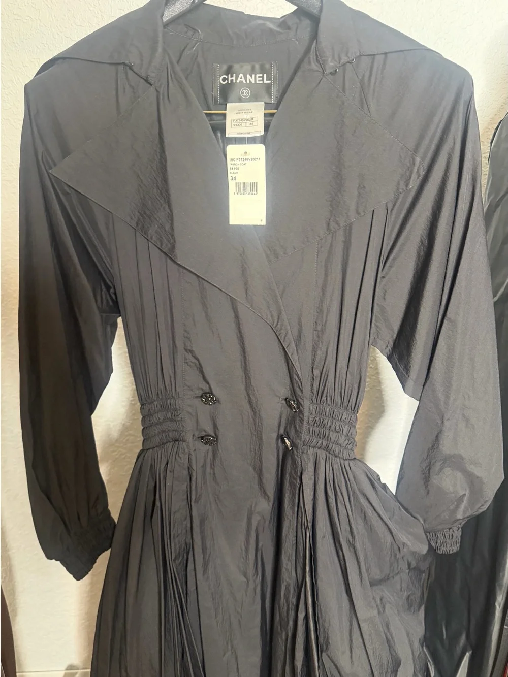 CHANEL Black Long Sleeve Nylon Oversize Trench- Coat Style Dress
